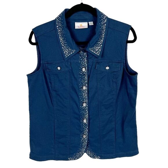Quacker Factory Blue Rhinestone Embellished Button Vest Women’s Medium - Picture 1 of 13